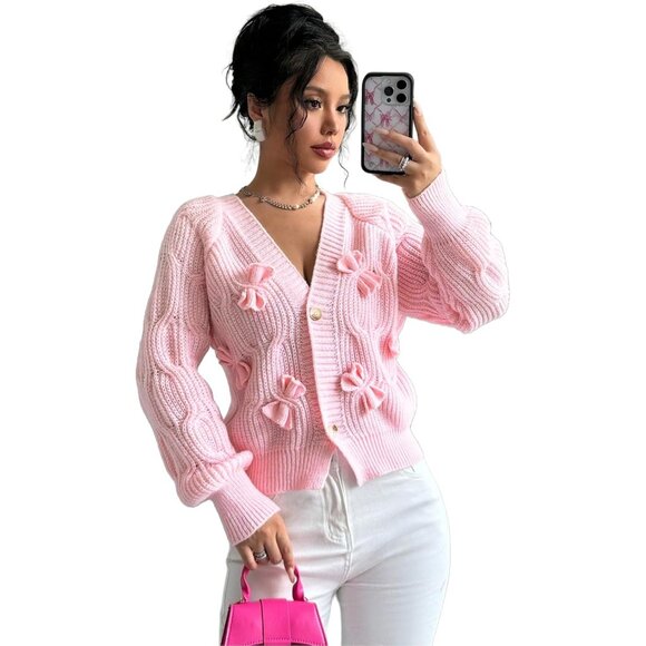 Sweaters - Women's Cropped Knit Cardigan Pink Large Button Open Front Cozy Sweater